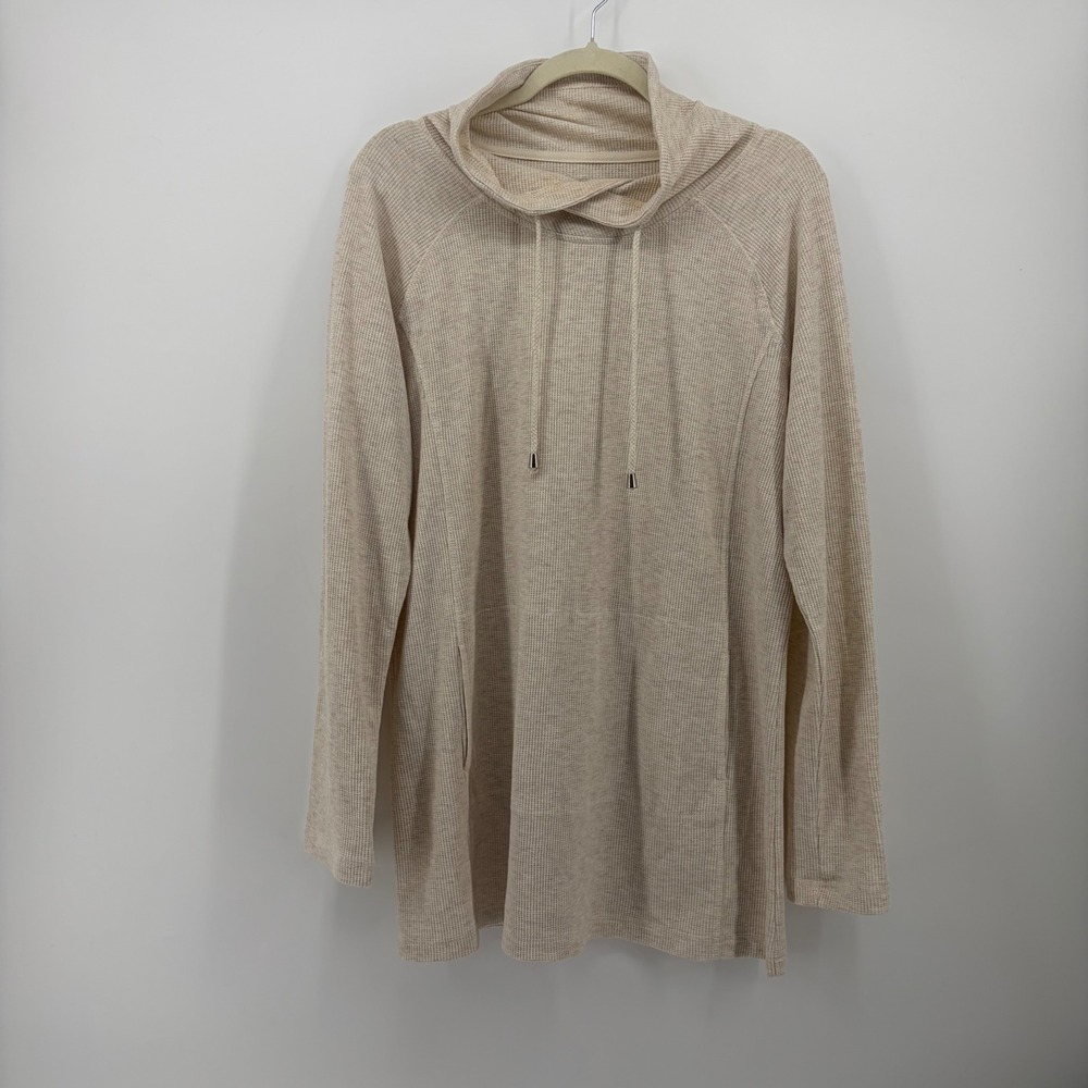 St. John's Bay Womens XL Oatmeal Waffle Knit Cowl Neck Tunic Pullover Pocket
